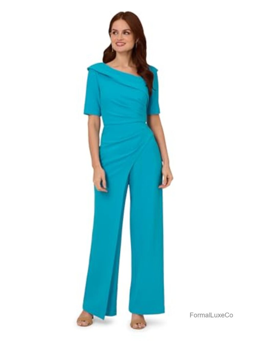 Knit Crepe Jumpsuit V-Neck Short Sleeve Formal Wedding Guest